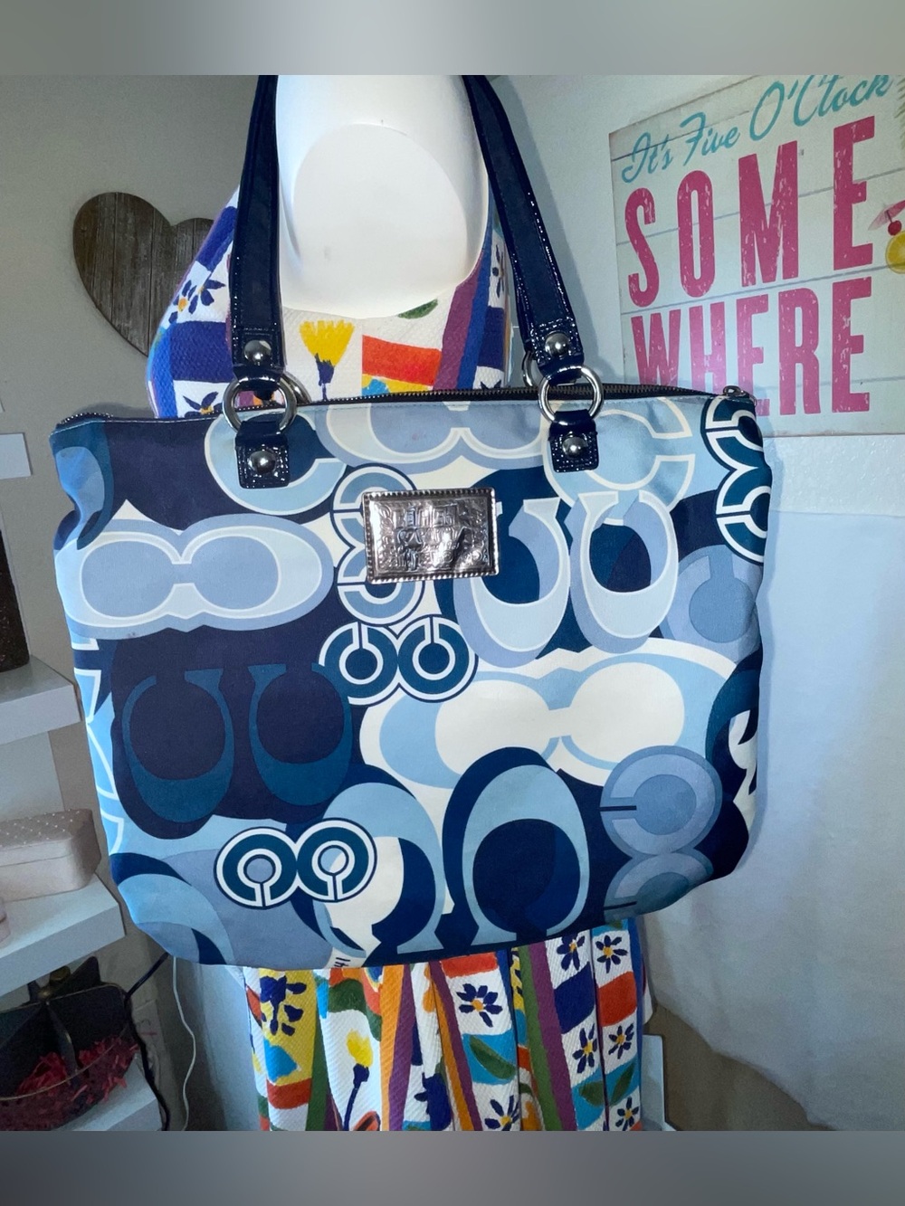 Coach Blue Multi-Tone Signature Print Tote